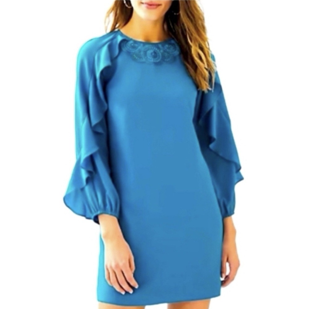 NWT Lilly Pulitzer Leni Shift Dress Blue 16 Beaded Ruffle Cocktail‎ Resort